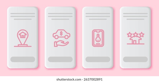Set line Location house, Car rental, Online real estate and Real. White rectangle button. Vector