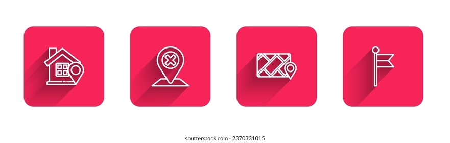 Set line Location with house, , City map navigation and marker with long shadow. Red square button. Vector