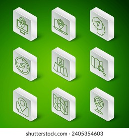 Set line Location with house, Folded map, Monitor location, marker, Compass, City navigation,  and Search icon. Vector