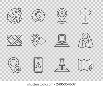 Set line Location with house, Folded map location marker, City navigation, Satellites orbiting the Earth,  and  icon. Vector