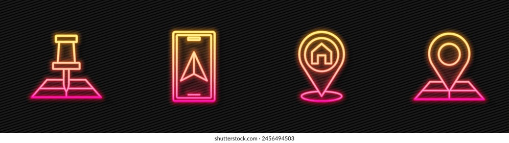 Set line Location with house, Folded map location marker, City navigation and . Glowing neon icon. Vector