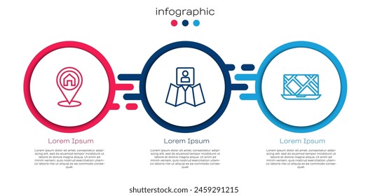 Set line Location with house, Folded map location marker and City navigation. Business infographic template. Vector