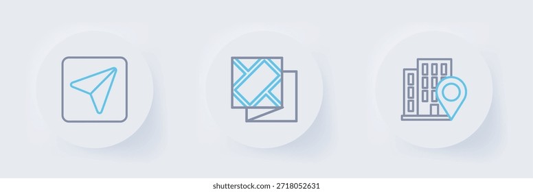 Establezca la Locación de línea con la casa, el mapa plegado y la infografía del icono de navegación de la ciudad. Vector
