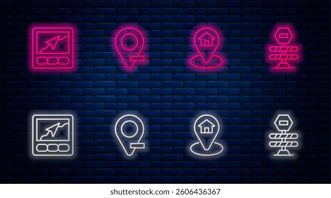 Set line Location, with house, Gps device map and Road barrier. Glowing neon icon on brick wall. Vector