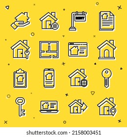 Establecer la línea Ubicación con la casa, la clave de la casa, el letrero colgante Alquiler, el plan, el editor y el icono de bienes raíces en línea. Vector