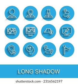 Set line Location with house, Map marker human, Folded map location, Route, Flag, Monitor, Push pin and Toll road traffic icon. Vector