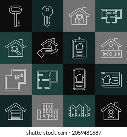 Set line Location with house, Online real estate, Hanging sign text Sold, House under protection, Realtor, Search, key and contract icon. Vector