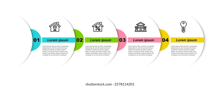 Set line Location with house, House percant discount,  and key. Business infographic template. Vector