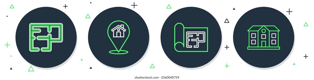 Set line Location with house, House plan,  and  icon. Vector