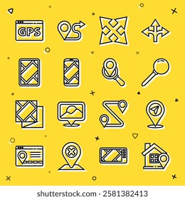 Set line Location with house, Push pin, Road traffic sign, City map navigation, Gps device,  and Search location icon. Vector