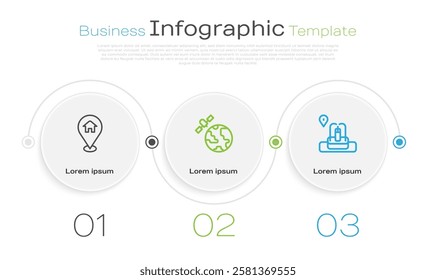 Set line Location with house, Satellites orbiting the planet and fountain. Business infographic template. Vector