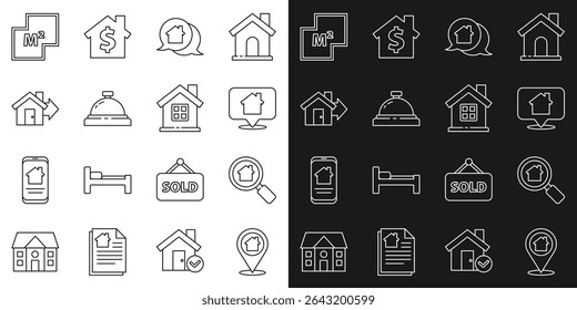 Locación de línea con casa, Búsqueda, mensaje inmobiliario, campana de servicio del hotel, venta, Plan de la casa e ícono. Vector