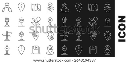 Set line Location with house, Turn back road sign, Folded map, Stop, Traffic light, the globe and Satellite icon. Vector