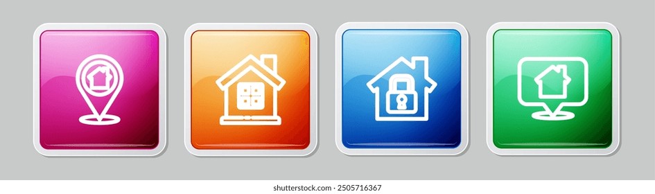 Locación de línea con casa, casa, bajo protección y . Colorido Botón cuadrado. Vector