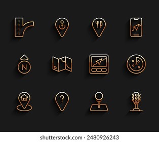 Set line Location with house, Unknown route point, Road traffic sign, Push pin, Traffic light, Folded map, Radar targets monitor and Gps device icon. Vector
