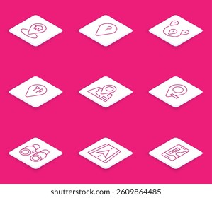 Set line Location with house, Unknown route point, Route location, Cafe and restaurant, Folded map marker, Binoculars and City navigation icon. Vector