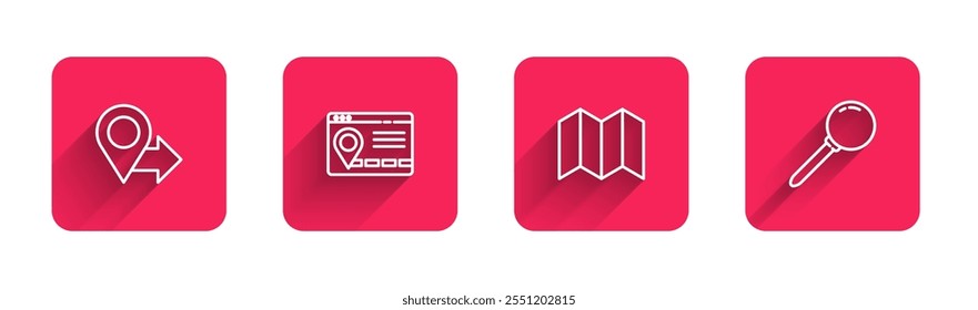 Set line Location, Infographic of city map navigation, Folded and Push pin with long shadow. Red square button. Vector