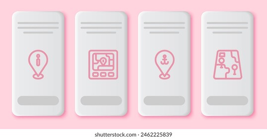 Set line Location with information, Gps device map, anchor and City navigation. White rectangle button. Vector