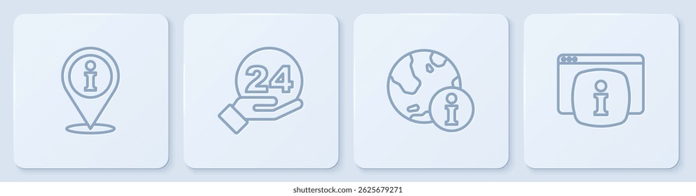 Set line Location with information, Information, Telephone 24 hours support and Monitor FAQ. White square button. Vector