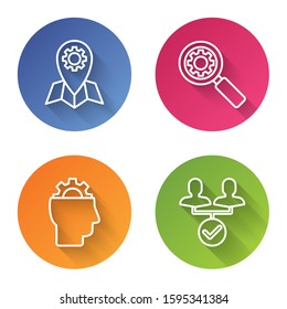 Set line Location job, Magnifying glass and gear, Human with gear inside and Project team base. Color circle button. Vector