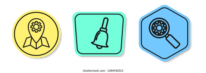 Set line Location job, Ringing bell and Magnifying glass and gear. Colored shapes. Vector