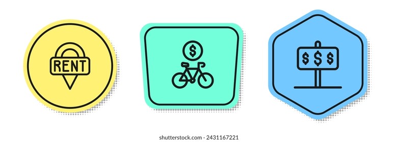 Set line Location key, Bicycle rental mobile app and House with dollar. Colored shapes. Vector