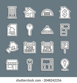 Set line Location key, Parking, House plan, Garage, contract,  and Hotel service bell icon. Vector