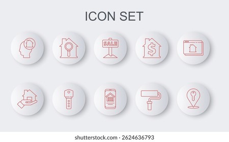 Set line Location key, Realtor, Hanging sign with Sale, Paint roller brush, Man dreaming about buying house, Search, House and Online real estate icon. Vector