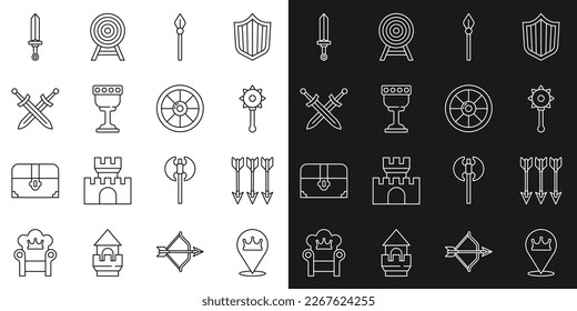 Set line Location king crown, Crossed arrows, Medieval chained mace ball, spear, goblet, medieval sword,  and Round wooden shield icon. Vector