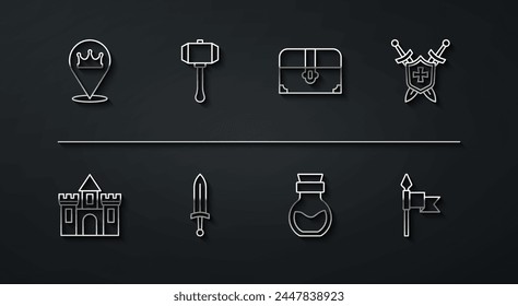 Set line Location king crown, Castle, fortress, Medieval shield with swords, Poison bottle, Hammer, spear and Antique treasure chest icon. Vector