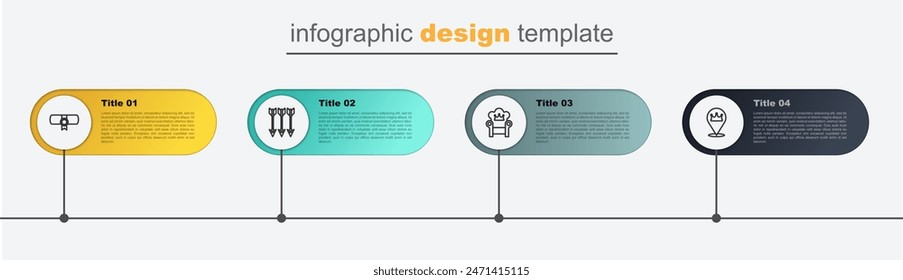 Set line Location king crown, Medieval throne, Crossed arrows and Decree, parchment, scroll. Business infographic template. Vector