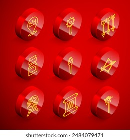 Set line Lage Königskrone, Mittelalterliche Ketten-Mace-Ball, Gekreuzte Pfeile, Giftflasche, Fackelflamme, Bogen und, Ziel mit und Erlass, Pergament, Scroll-Ikone. Vektorgrafik