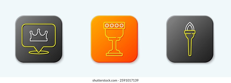 Set line Location king crown, Medieval goblet and Torch flame icon. Vector
