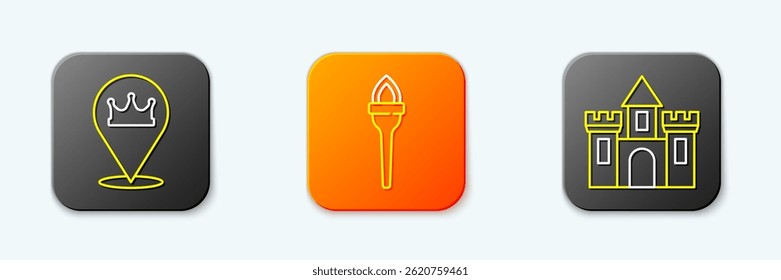 Set line Location king crown, Torch flame and Castle, fortress icon. Vector