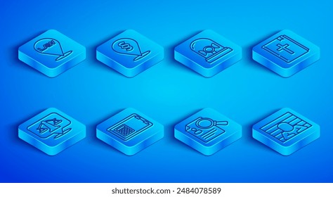 Set line Location law, Flasher siren, Safe, Paper analysis magnifying, Holy bible book, Scales of justice and Prisoner icon. Vector