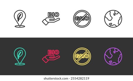 Set line Location with leaf, Bio healthy food, No GMO and Earth globe on black and white. Vector