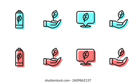 Set line Location with leaf, Eco nature battery, Plant in hand and Leaf icon. Vector