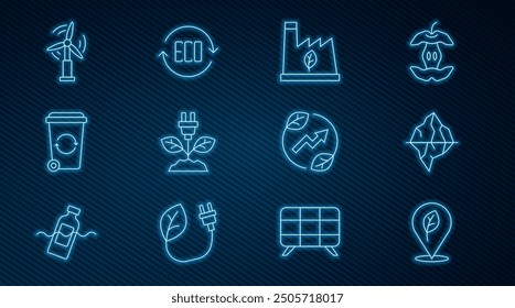 Set line Location with leaf, Iceberg, Plant recycling garbage, Electric saving plug, Recycle bin, Wind turbine,  and Leaf Eco symbol icon. Vector