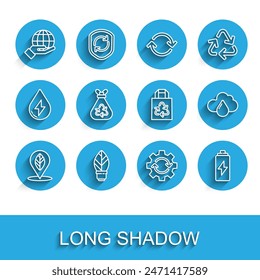 Set line Location with leaf, Light bulb, Hand holding Earth globe, Gear arrows as workflow, Battery, Garbage bag recycle, Cloud rain and Paper icon. Vector