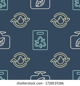 Setzen Sie die Position mit Blatt, Recycling sauberes Wasser und Papier Beutel mit Recycling auf nahtlosen Muster. Vector