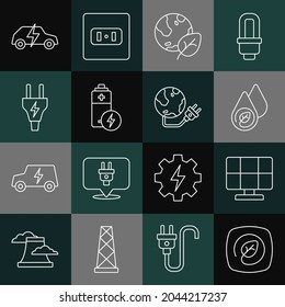 Set line Location with leaf, Solar energy panel, Water, Earth globe and, Battery, Electric plug, car and Global power planet icon. Vector