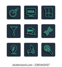 Set line Location with leaf, Stomach heartburn, Microorganisms under magnifier, Laboratory glassware beaker, Label for eco healthy food, Funnel filter, Petri dish pipette and DNA symbol icon. Vector