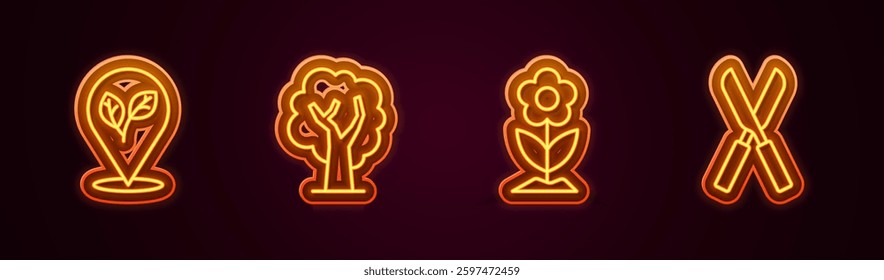 Set line Location with leaf, Tree, Flower and Gardening scissors. Glowing neon icon. Vector