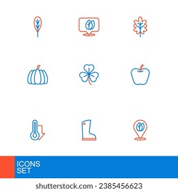 Set line Location with leaf, Waterproof rubber boot, Thermometer, Apple, Pumpkin, Clover, Leaf and  icon. Vector
