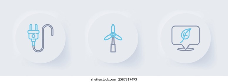 Set line Location with leaf, Wind turbine and Electric plug icon. Vector