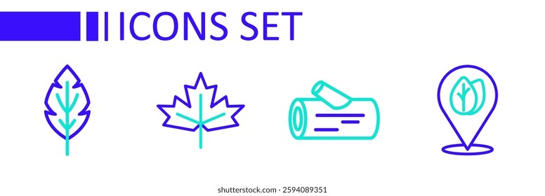 Set line Location with leaf, Wooden log, Canadian maple and Leaf icon. Vector