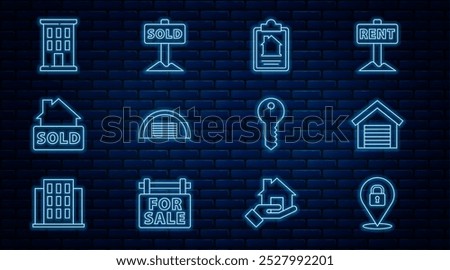 Set line Location lock, Garage, House contract, Hanging sign with text Sold, key and  icon. Vector