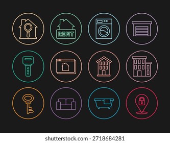 Establecer línea de bloqueo de Locación, casa, lavadora, casa de bienes raíces en línea, llave, Búsqueda y signo colgante con el icono de alquiler. Vector