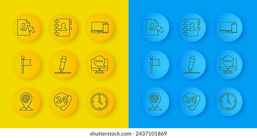 Set line Location and mail and e-mail, marker, Pencil with eraser, Clock, Chat messages notification monitor, Document cursor, Monitor phone and Address book icon. Vector