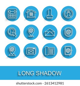 Set line Location and mail and e-mail, Website envelope, Calendar, Telephone, Mail, Shield with and Envelope icon. Vector